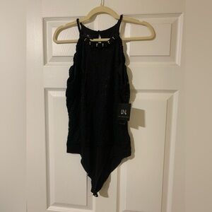 I.N San Francisco Black Beaded Neckline Lace Bodysuit XL Elegant Romantic Dressy